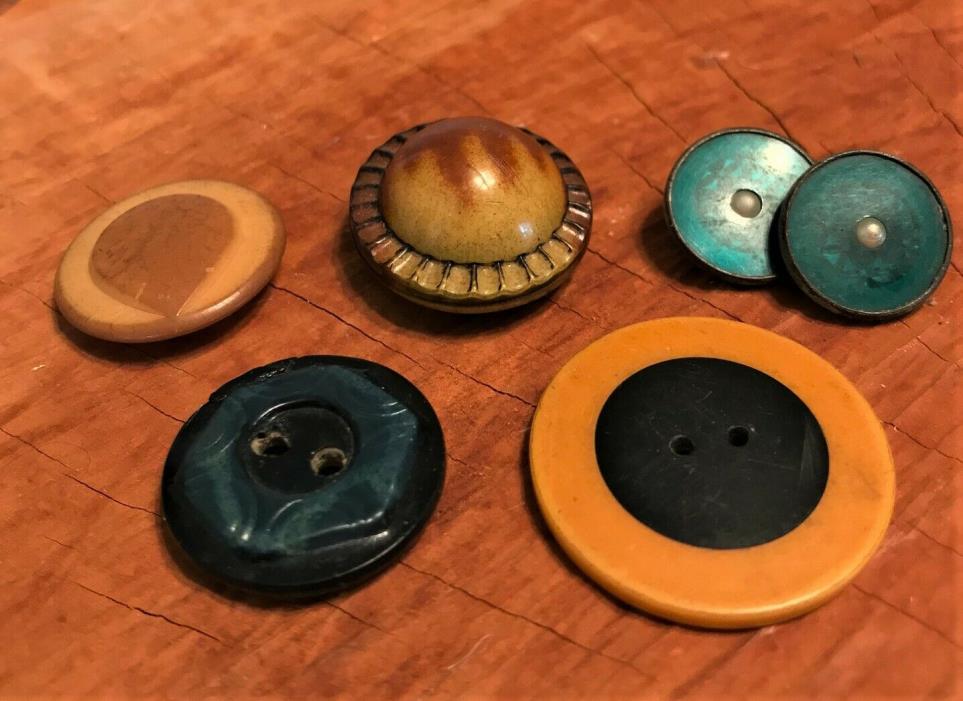 6 VINTAGE CABOCHON, METAL INLAY, ART DECO and VARIOUS OLD PLASTIC BUTTONS