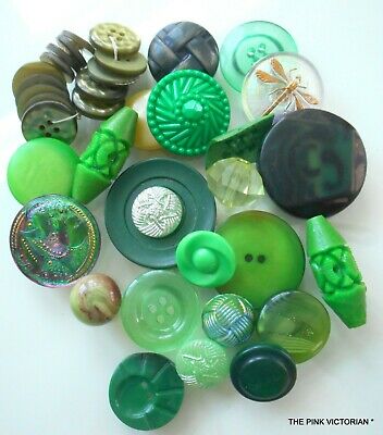 VINTAGE TO MODERN BUTTON LOT~ASSORTED SIZES~ GREEN COLOR~ GLASS~PLASTIC~SEWING
