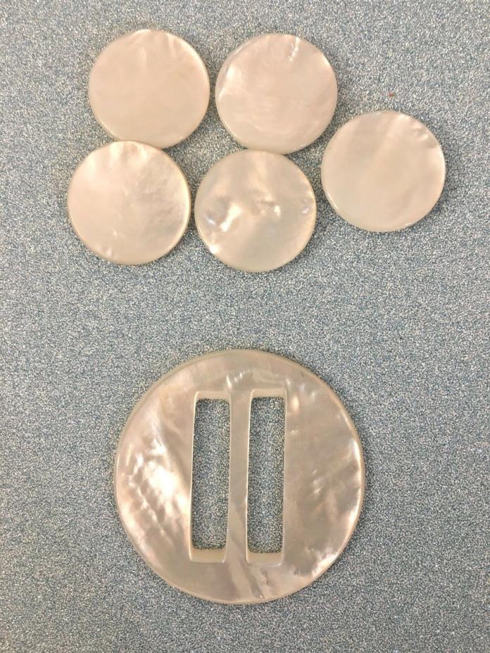 Vintage Mother of Pearl Belt buckle Creamy White Shell brilliant + 5 buttons MOP