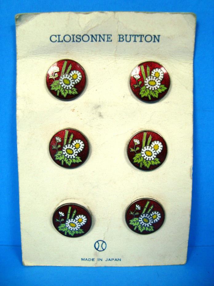 Lot Of 6 Vintage Cloisonne Buttons Japan Flowers Original Card