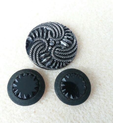 Black Glass Design Set in Fabric Pad Back Old Button and one silver luster blac