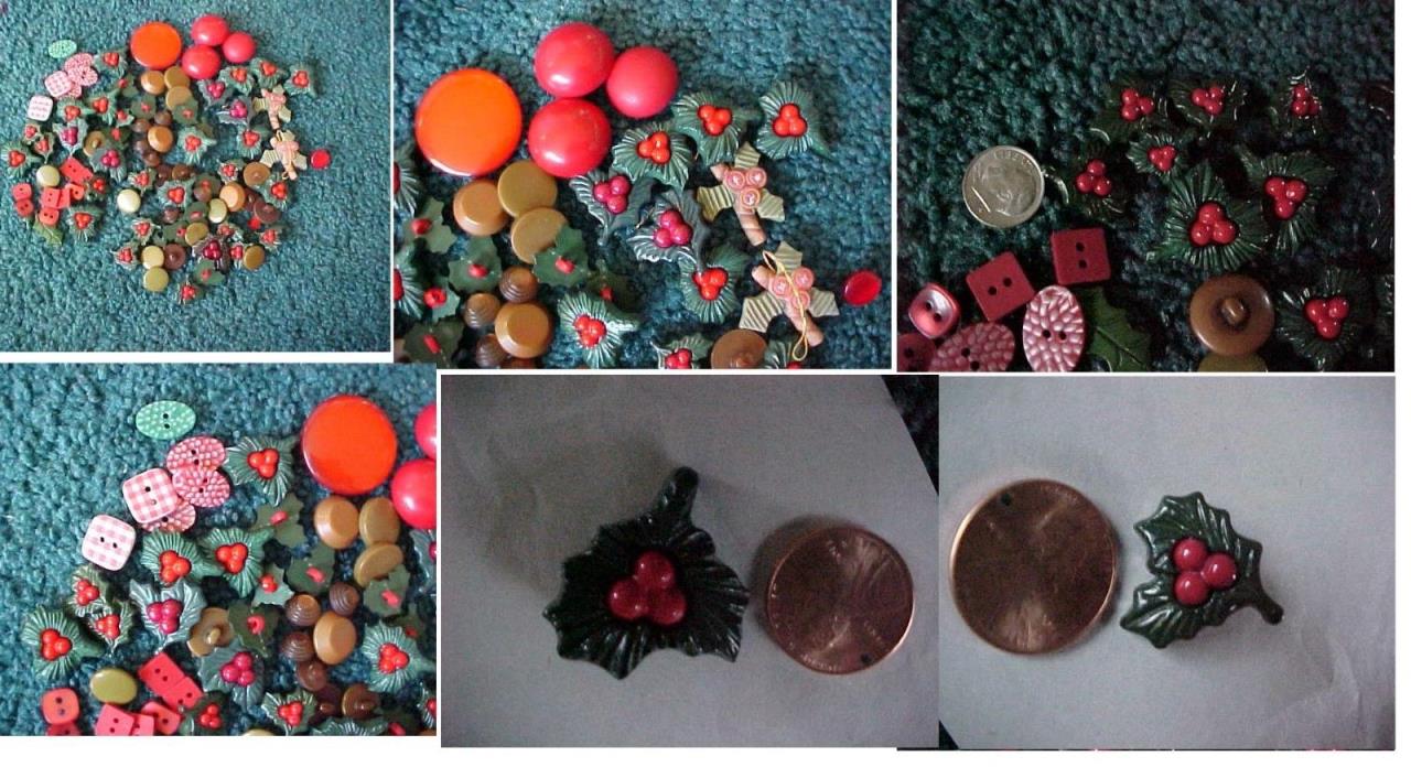 VINTAGE BUTTONS XMAS HOLLY RED BERRIES BERRY LOT VARIETY OF 89 GREEN LEAVES