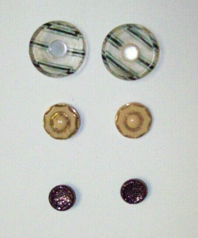 3 pair COLLECTIBLE BUTTON lot  clear glass, plastic, black glass