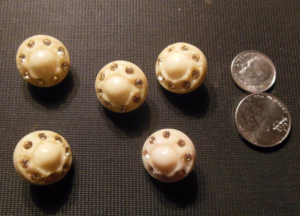 Vintage Molded Domed Casein Beige Buttons with Rhinestones Set of 5 for Sewing