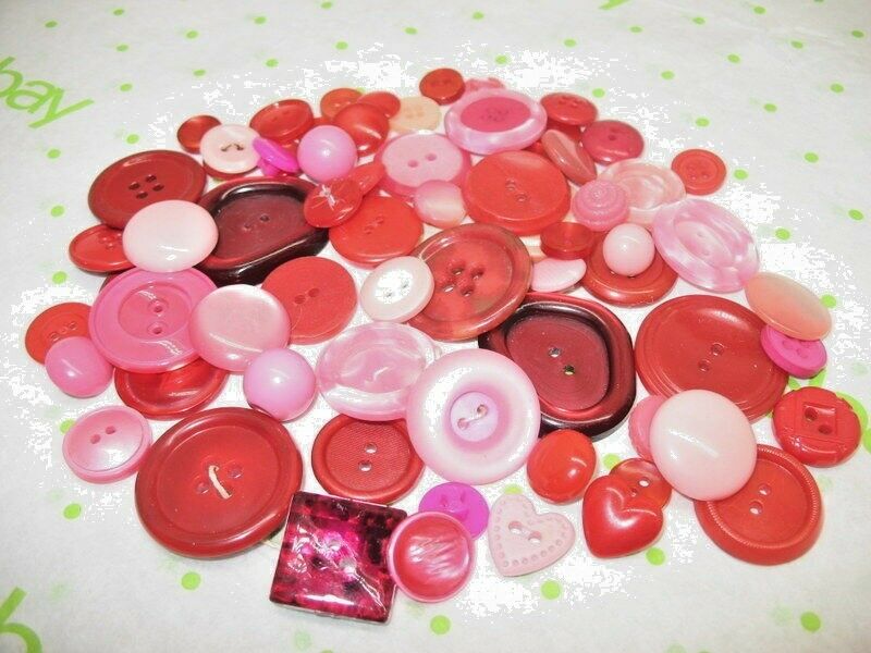 LOT PINK & RED BUTTONS 72 MIXED SHADES SIZES & SHAPES PEARLIZED & MATTE