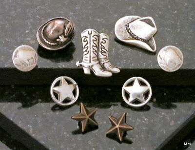 9 Western Cowboy Buttons,Cowboy Hat, Buffalo,Star, Feather,Silver Buttons Italy