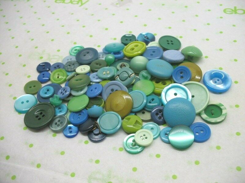 LOT BLUE & GREEN BUTTONS 82  MIXED SHADES SIZES & SHAPES PEARLIZED & MATTE