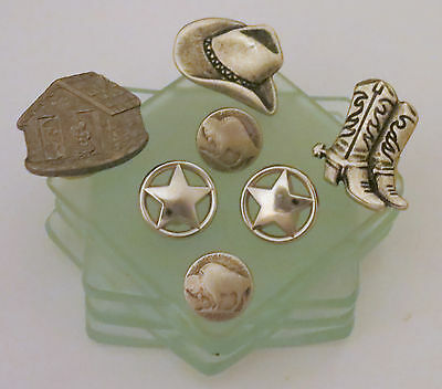 7 Western Cowboy Buttons,Cowboy Hat, Buffalo,Star, Prairie,Silver Buttons Italy