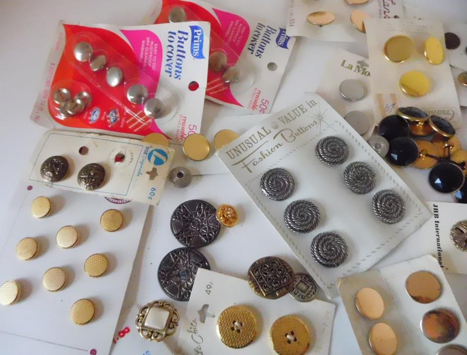 VINTAGE NEW UNUSED LOT OF 100+ MOSTLY METALS ASST. BUTTONS - MOST ON CARDS