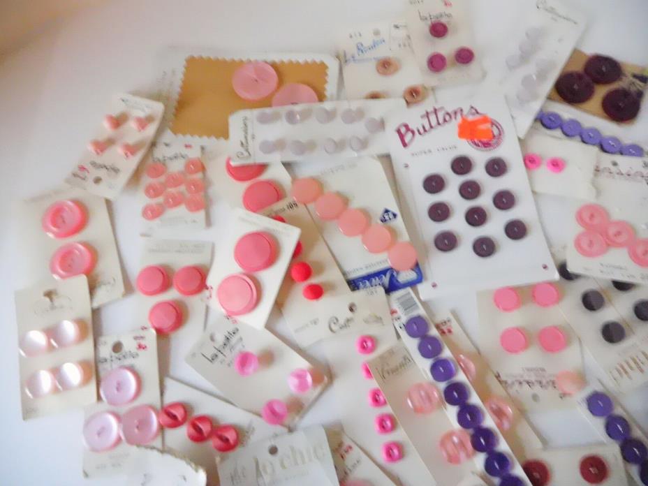 VINTAGE NEW UNUSED LOT OF 100+ PINK TO PURPLE ASST. BUTTONS - MOST ON CARDS