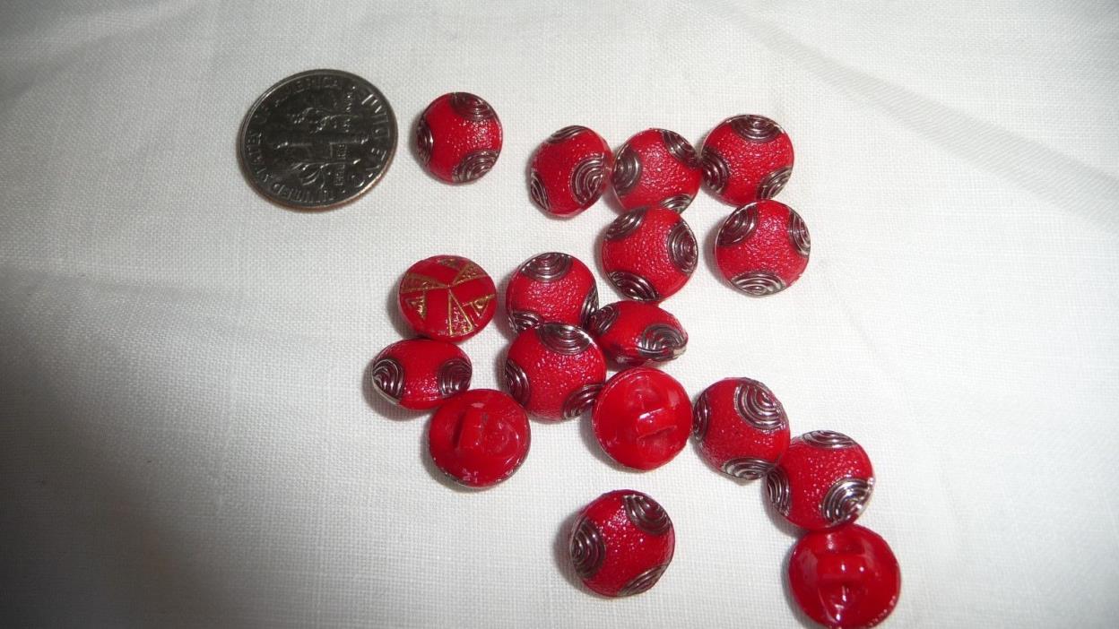 #511 vtg LOT 17 TINY Mini RED  GLASS 1/2'' R sewing BUTTONS ALL the SAME