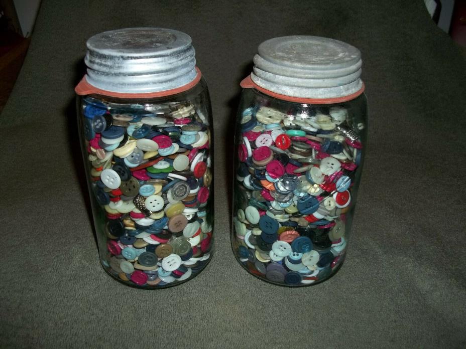 Old Mason GLASS JAR Filled with BUTTONS (Pair)