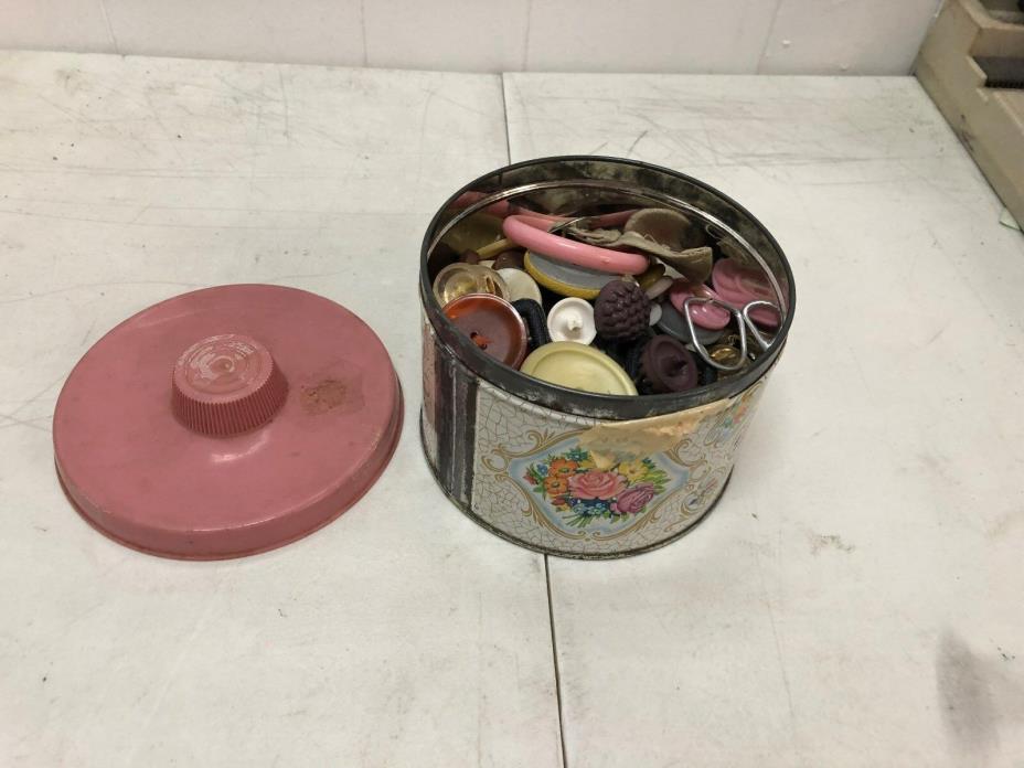 Vintage Lot of Buttons in pink tin