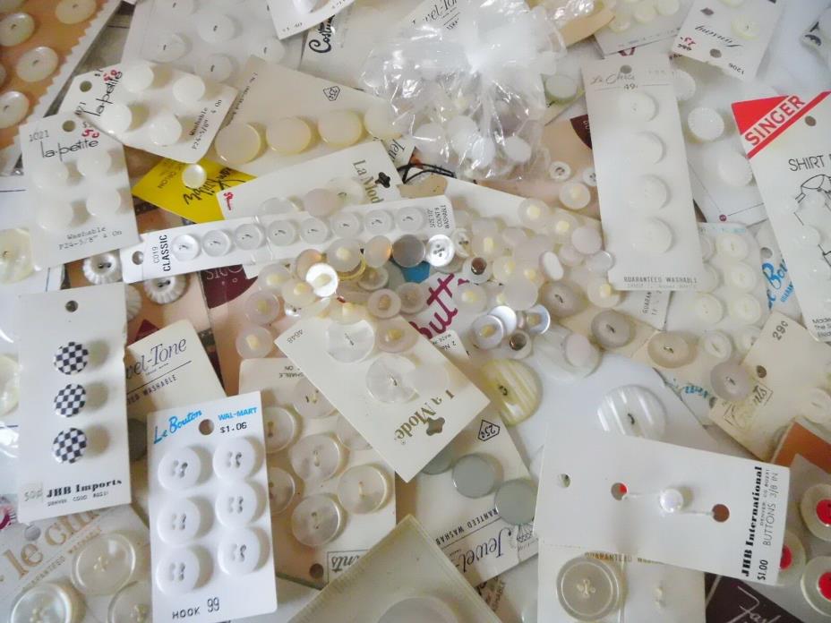 VINTAGE NEW UNUSED LOT OF 100+ WHITES ASST. BUTTONS - MOST ON CARDS