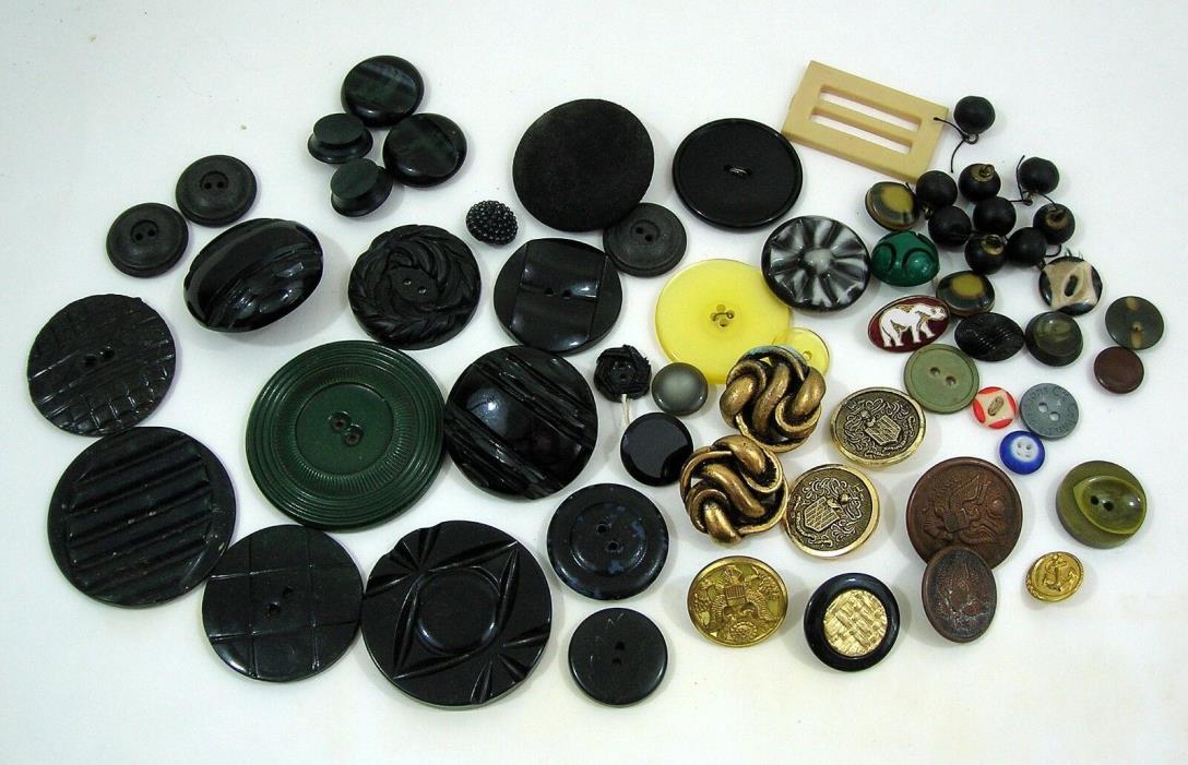 Vtg Buttons Lot Plastic, Celluloid, Vegetable Ivory, Brass, Approx. 60,  2
