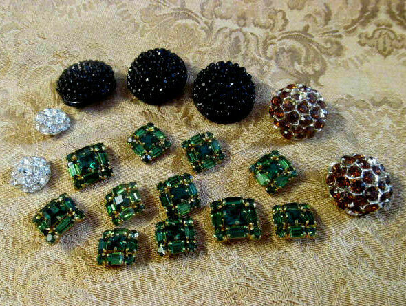Lot of 18~Fancy Buttons Vintage Rhinestone Green Amber Black Jewels Facet Cut