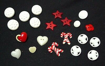 Mixed Lot 21 Red/White Buttons Star Candy Canes Hearts Shamrock Craft Scrapbook