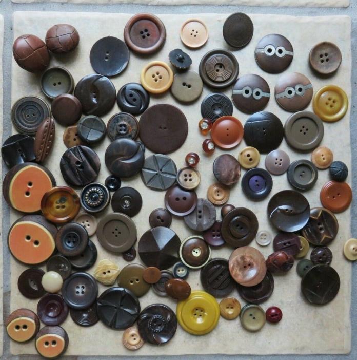 Lot of 103 Vintage Brown Buttons. Early Plastic, Leather, Carved. 1920-1970.