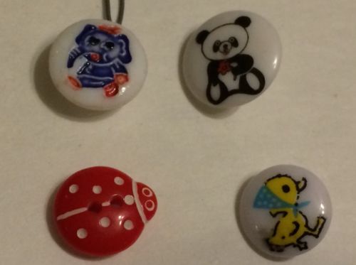 4 VINTAGE Children’s BUTTONS Glass Plastic Duck Elephant Ladybug Panda