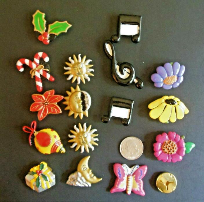 Vtg Lot of 16 Button Covers Different Shapes-Christmas-Sun/Moon-Musical-Flowers