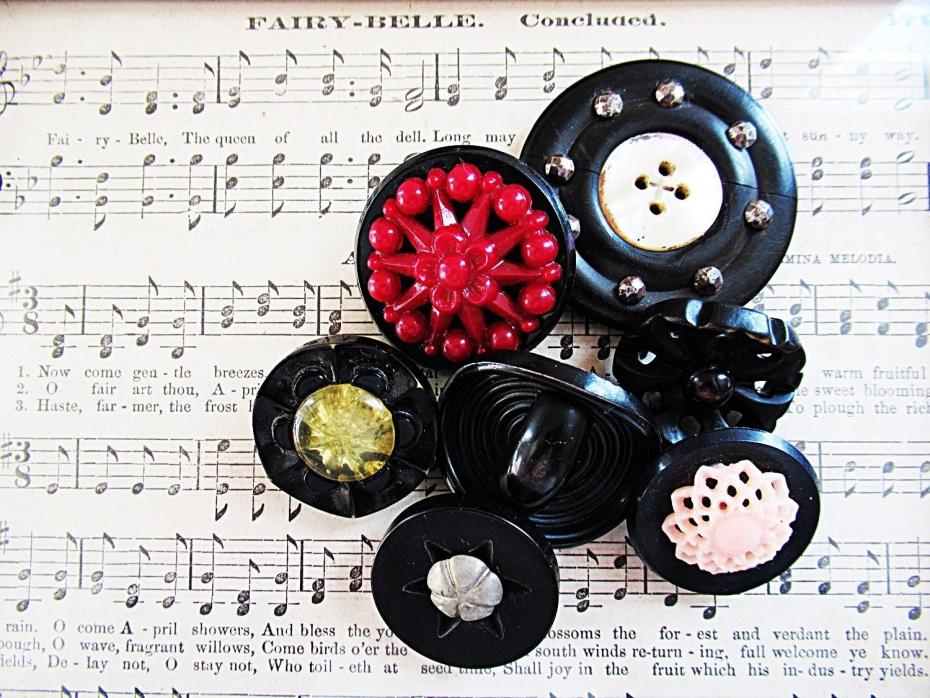 Large Black Antique ~ Steel Cut Studs & MOP - Bakelite - Celluloid - Pierced