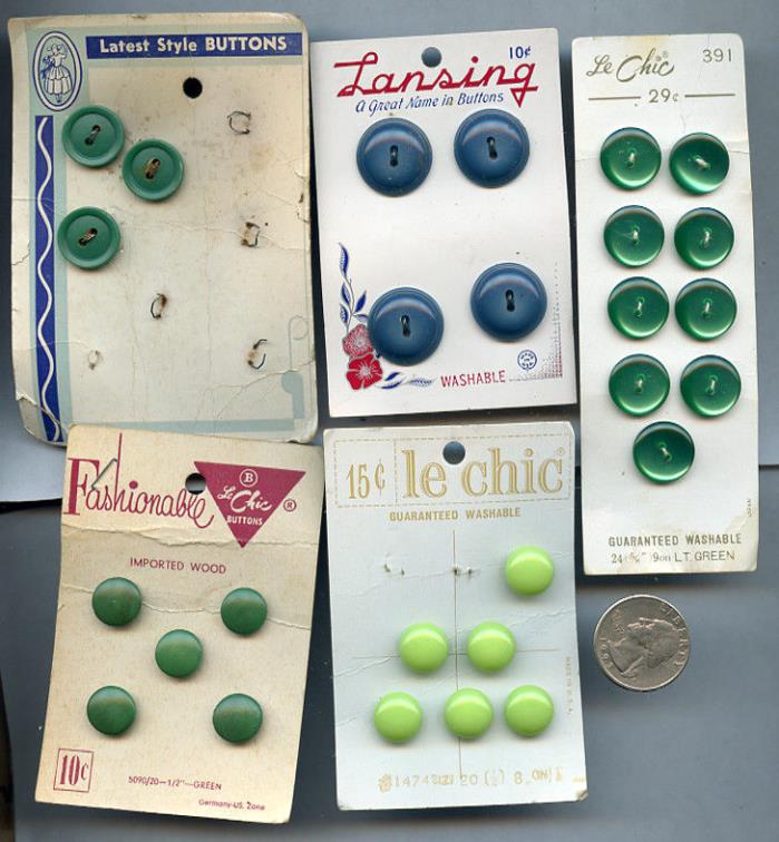 Vintage Sewing Button Lot Blue Green BU119 on Card