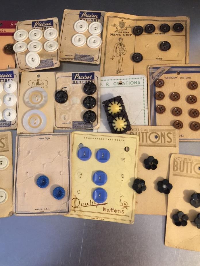 Vintage Buttons Art Deco Bakelite Horn Plastic Original Cards Made USA Set 14
