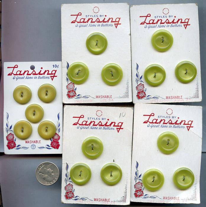 Vintage Sewing Button Lot of 7 Yellow Green Lansing BU78 on Card