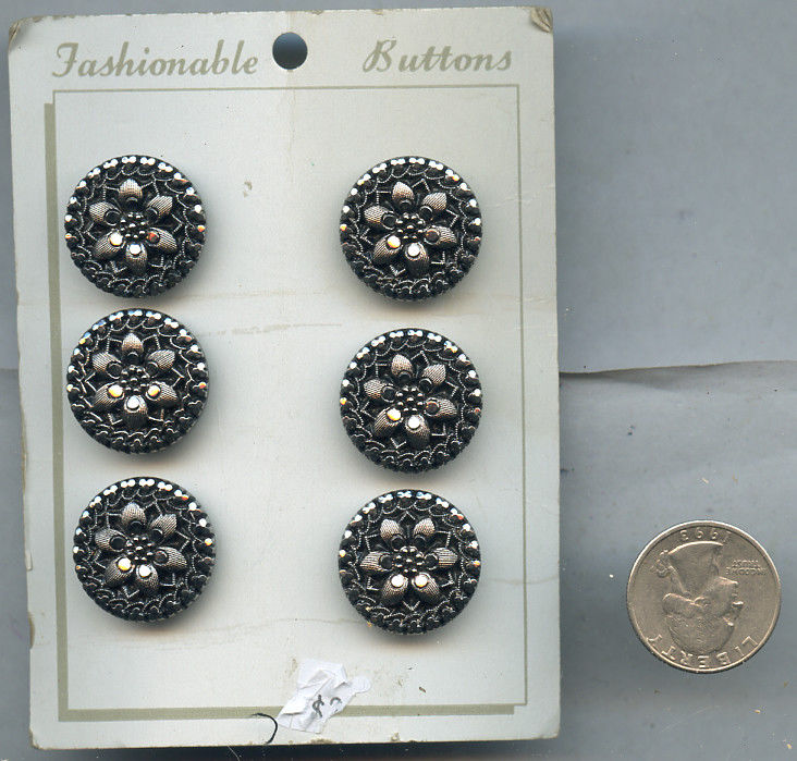 Vintage Sewing Button Lot Gray Metallic Flower Lot of 6 BU120