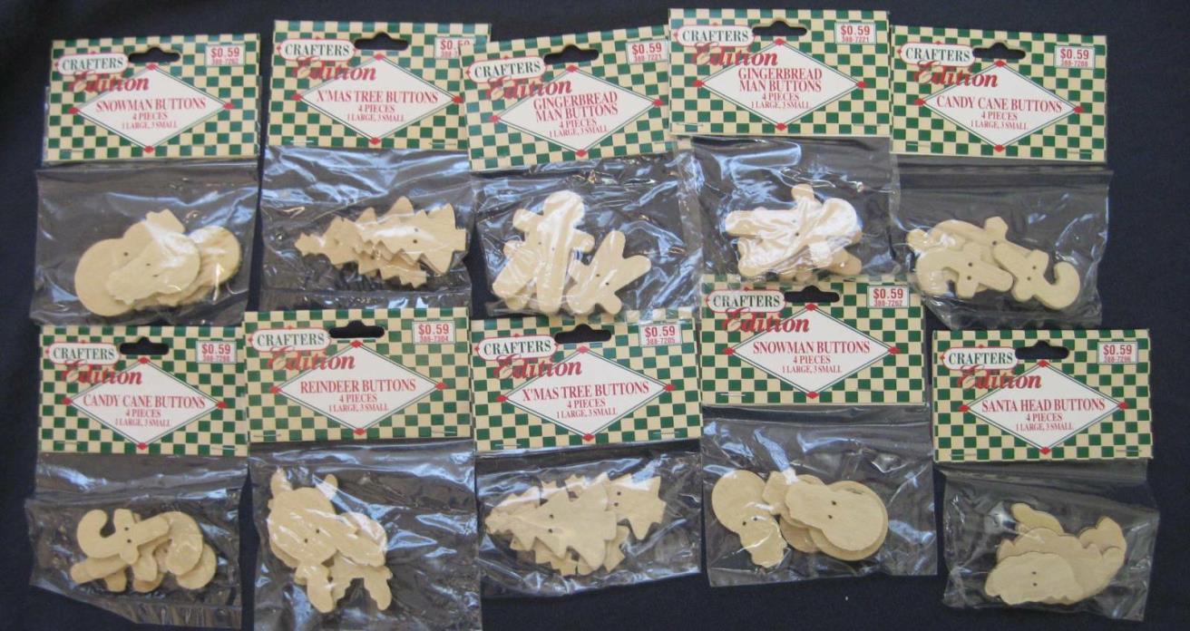 Lot of 10 Packages Unfinished Wood Buttons - Christmas - Candy Cane - Snowman