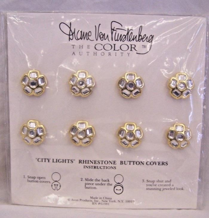 Vintage Diane Von Furstenberg Rhinestone Button Covers Set Of 8 DVF Buttons New