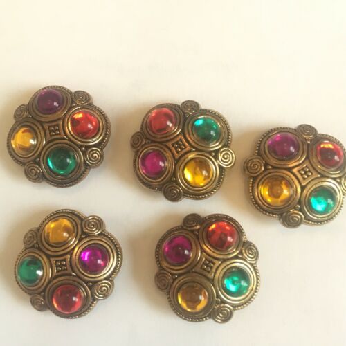 VTG Lot Of 5Etruscan Style Button Covers Multi Colored Stone Antiqued Gold Tone