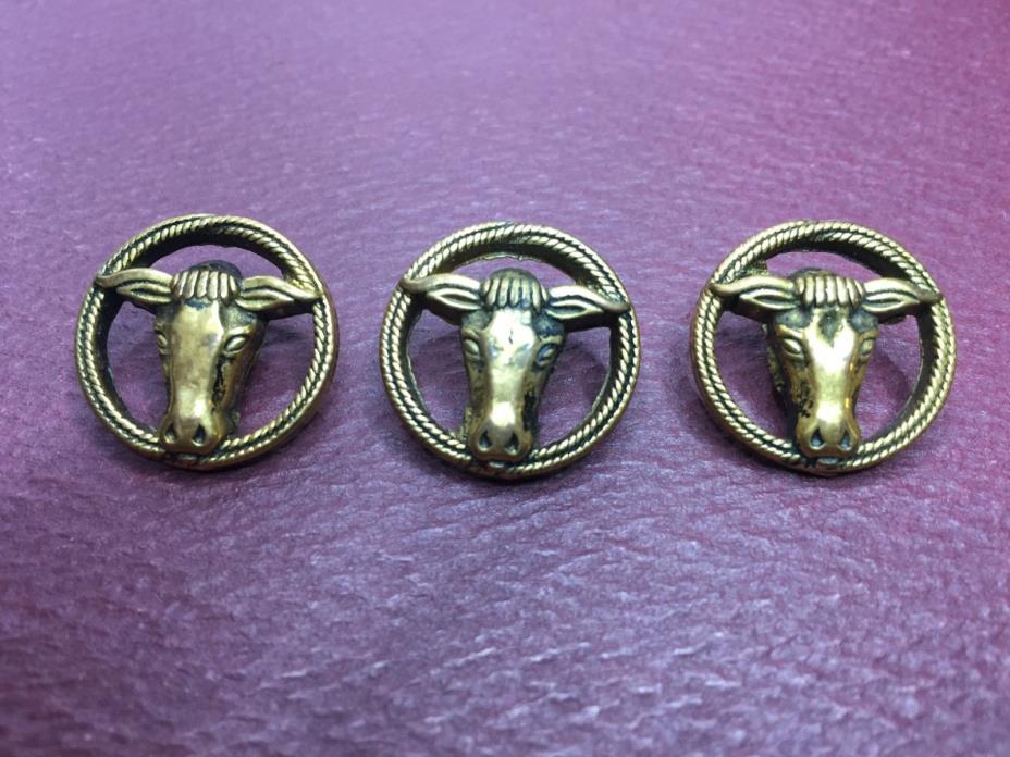 3 Vintage Cow Longhorn Gold Brass tone buttons 20mm