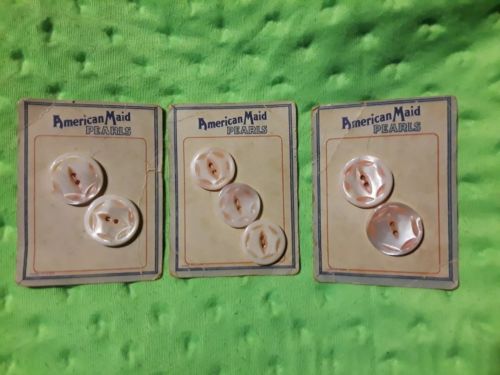 Rare 7 American Made Pearls Co. MOP Buttons on Original Cards. Vintage