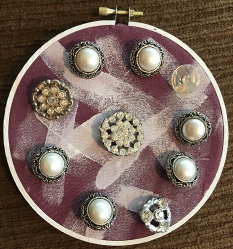 Vintage Rhinestone Faux Pearl Buttons Embroidery Hoop Mounted Handmade Wall Art