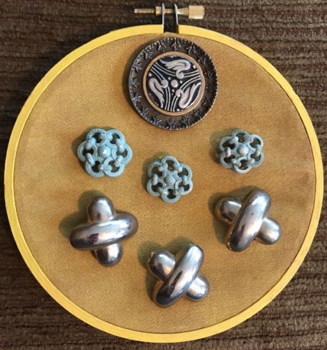Vintage Metal Blue Plastic Buttons Embroidery Hoop Mounted Handmade Wall Art
