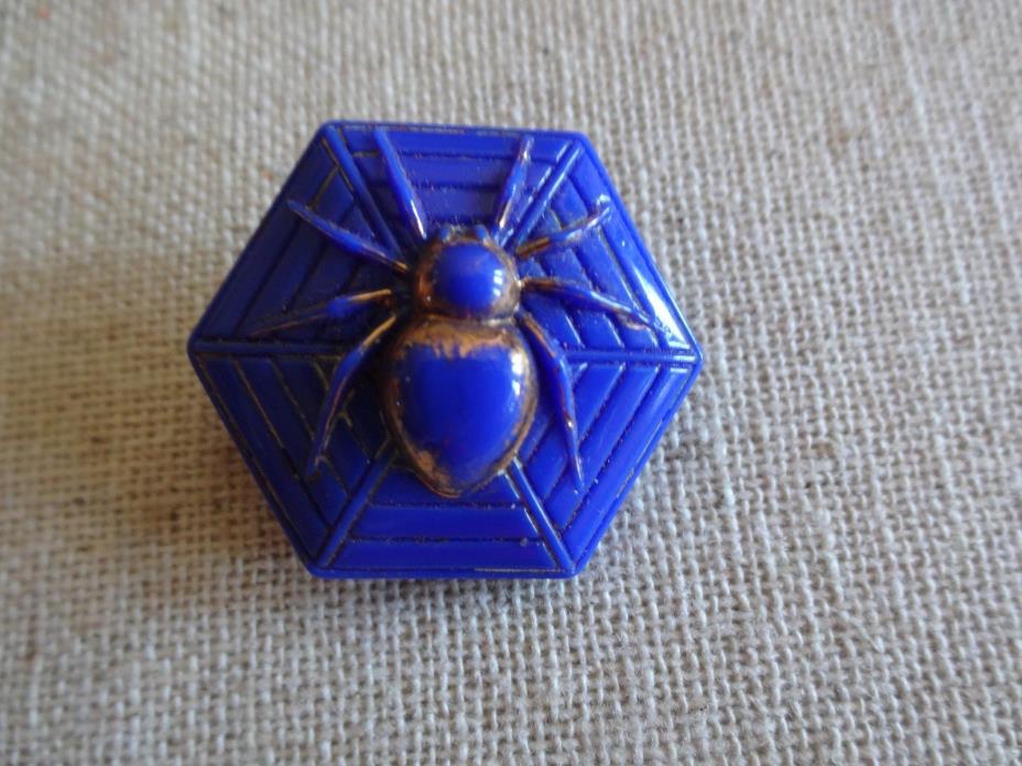 Vintage Blue Glass SPIDER BUTTON Hexagon shape