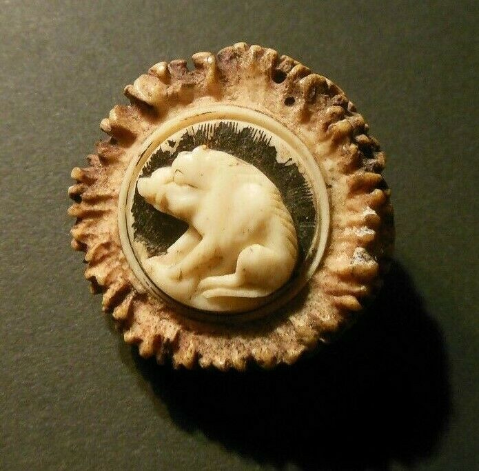 Vintage Natural Antler Button with Carved Boar/Pig Border Frame 1 1/4