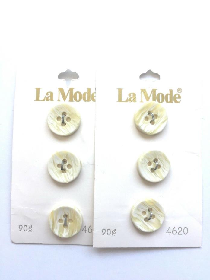 Vintage La Mode Plastic Buttons 5/8 inch, 4 hole, beige streaked with white