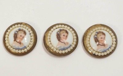 3 - Button Covers - Victorian Lady Portrait Embellished with Pearls