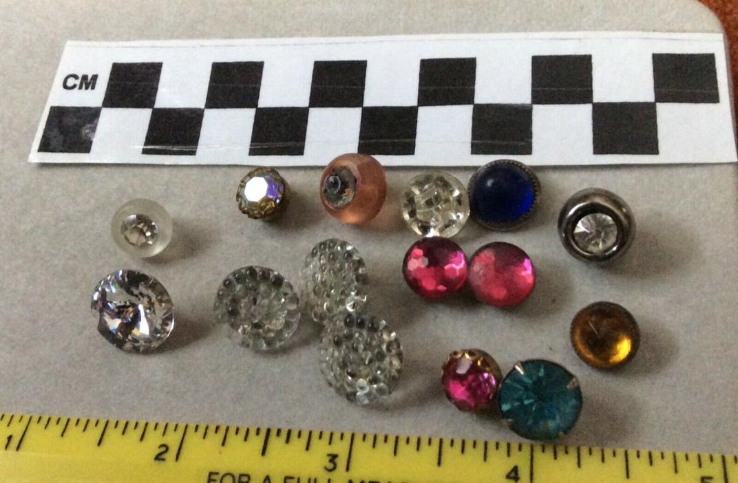 15 Mid-Century Glitz Buttons Glass, Crystal, Metal, Plastic, Rhinestone .25-.5”