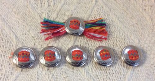 Vintage 6 Silver-Toned Metal Button Covers with Fabric Inserts