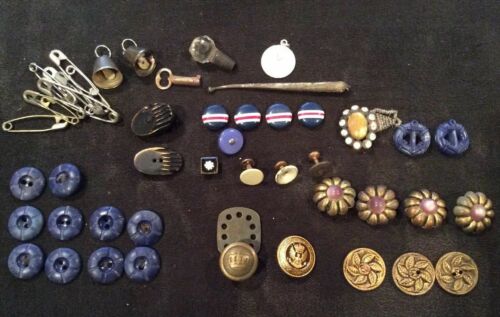 Large Lot Vintage Buttons, Safety Pins, Charms, Miltary Buttons, Costume Jewelry