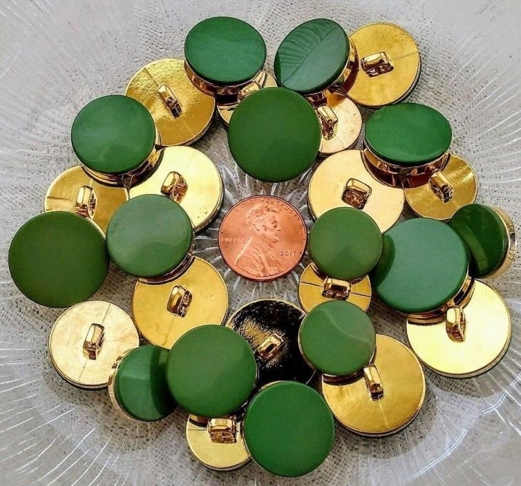 30 Vtg GREEN GOLD Sewing BUTTONS Retro Round Circle Shank 4 Sizes Christmas DIY