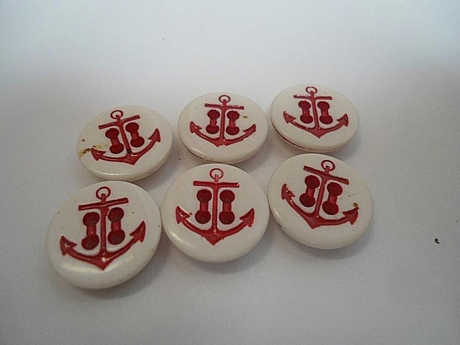 6 White Round Plastic Buttons Red Anchor 9/16