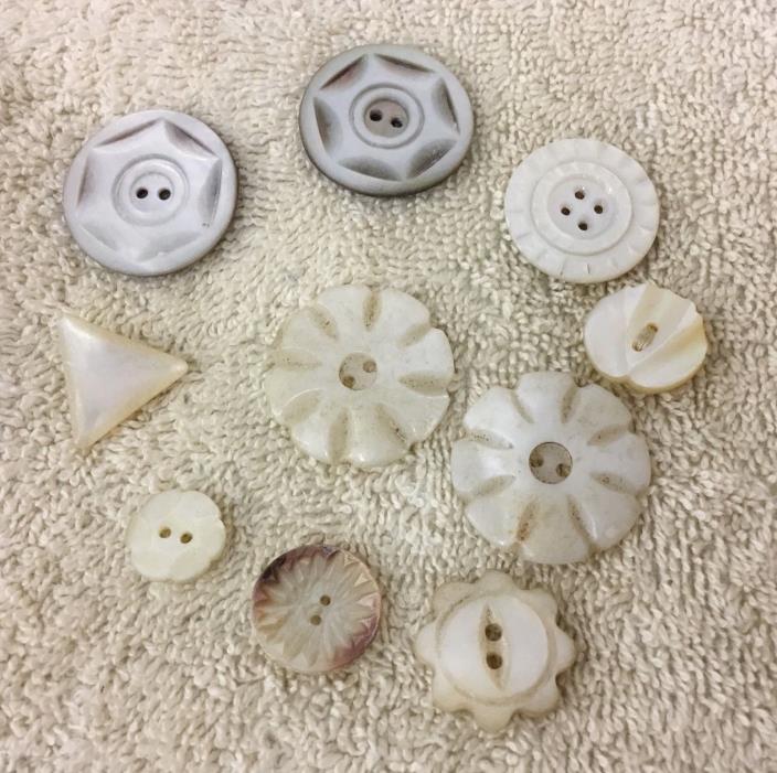 Group of 10 Vintage Carved Mother of Pearl Buttons in Various Size and Shape