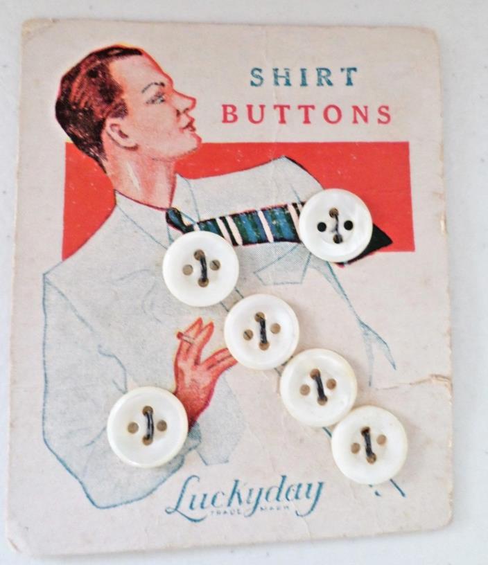 Lucky Day Shirt Buttons on Original Card, 6 White Buttons
