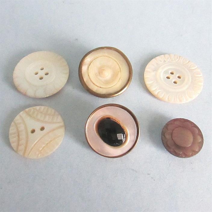 6 BUTTON Pearl Shell Golden Age Brass Victorian Jewel Carved Abalone Vintage