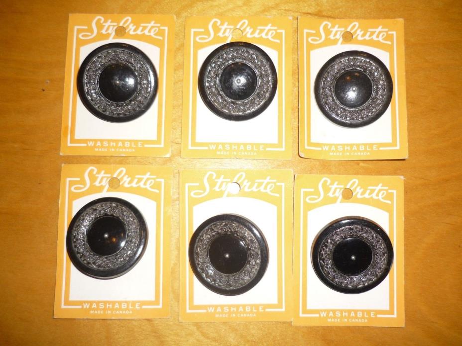 SET 6  VTGE LARGE PLASTIC  COAT AND JACKET BUTTONS- CARDS- BLACK |#2777