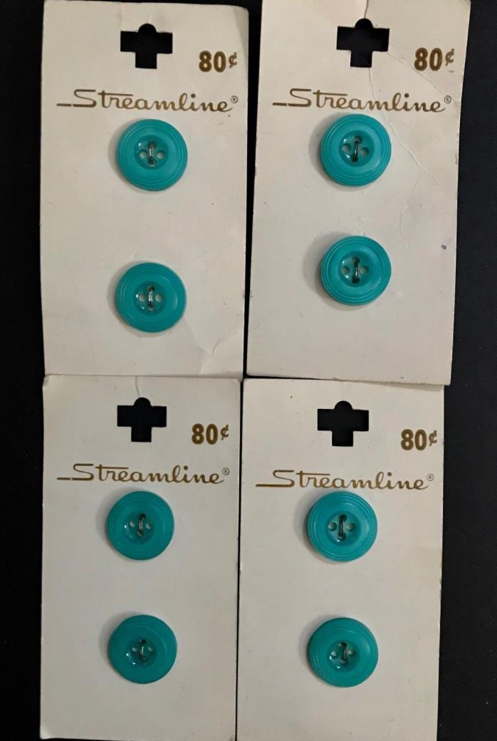 Lot of 8 Vintage Buttons - 60s Blue / Teal Round Plastic - Streamline New Cards